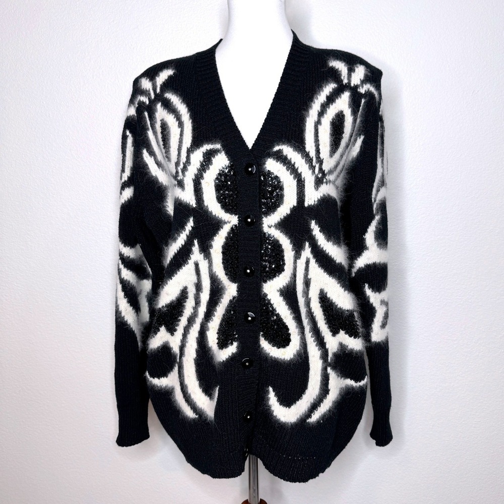VTG CHRISTINE Cardigan Sweater XL Angora Beaded Sequin 80s Embellished Black Wht